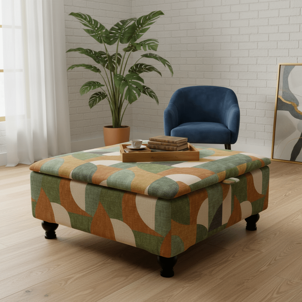 Wide Hidden Storage Pouffe – Multi - Toned Designer Storage Ottoman for Living Room Centrepiece - ISTOOLS