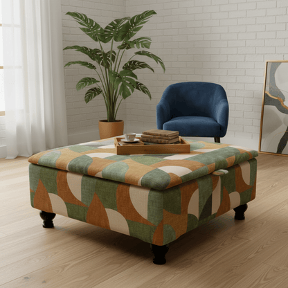 Wide Hidden Storage Pouffe – Multi - Toned Designer Storage Ottoman for Living Room Centrepiece - ISTOOLS