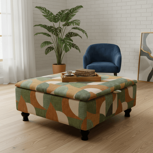 Wide Hidden Storage Pouffe – Multi - Toned Designer Storage Ottoman for Living Room Centrepiece - ISTOOLS
