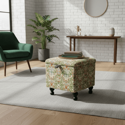 William Morris - Woodland Weeds Tapestry Fabric Multi Small Storage Ottoman – Multi - Purpose Coffee Table & Footstool - ISTOOLS