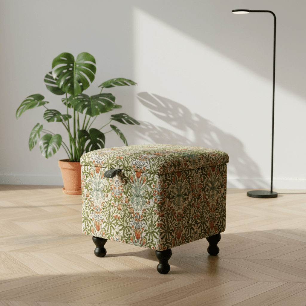 William Morris - Woodland Weeds Tapestry Fabric Multi Small Storage Ottoman – Multi - Purpose Coffee Table & Footstool - ISTOOLS