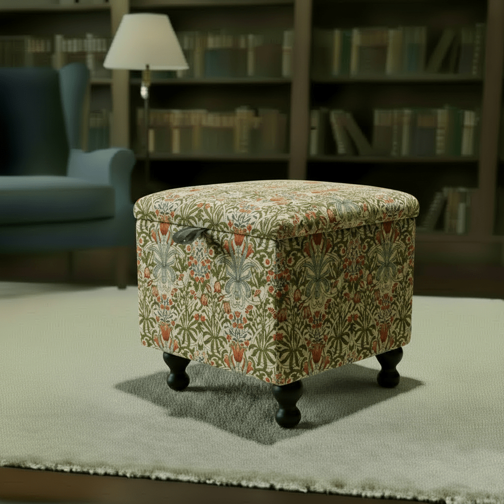 William Morris - Woodland Weeds Tapestry Fabric Multi Small Storage Ottoman – Multi - Purpose Coffee Table & Footstool - ISTOOLS