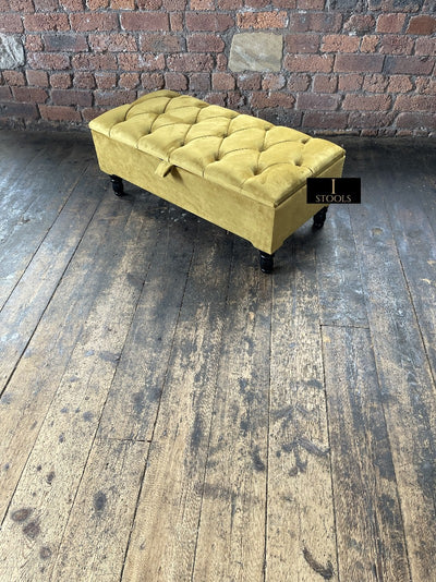 Mustard Gold Ottoman Storage Bench | Gold Velvet Chesterfield Footstool