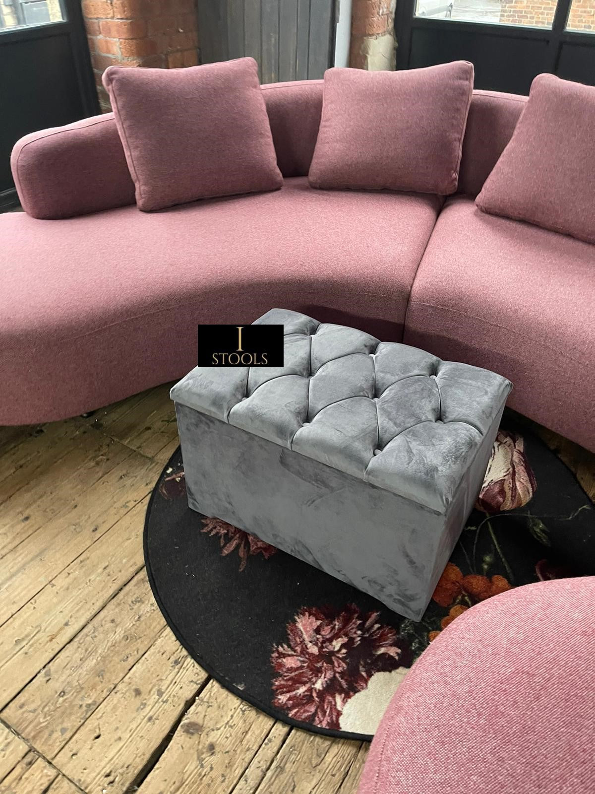 Grey sectional deals with pink ottoman