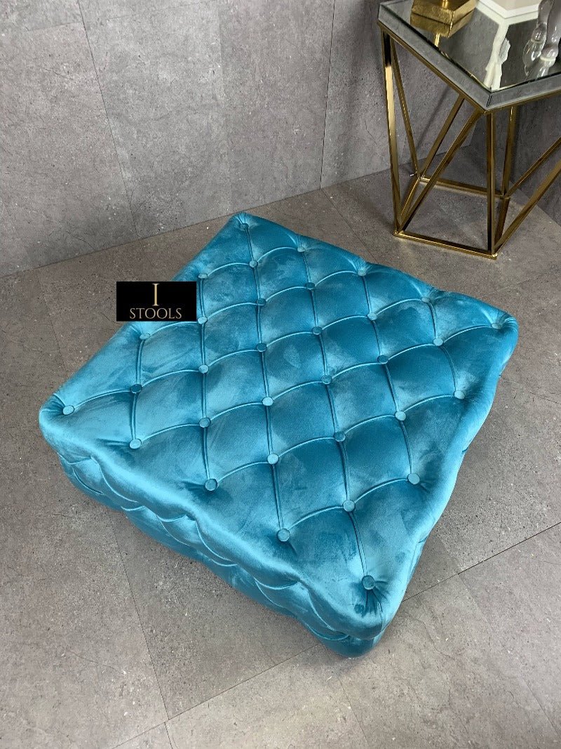 Aqua Blue Square Coffee Table | Blue Chesterfield Ottoman Foot Stools - ISTOOLS