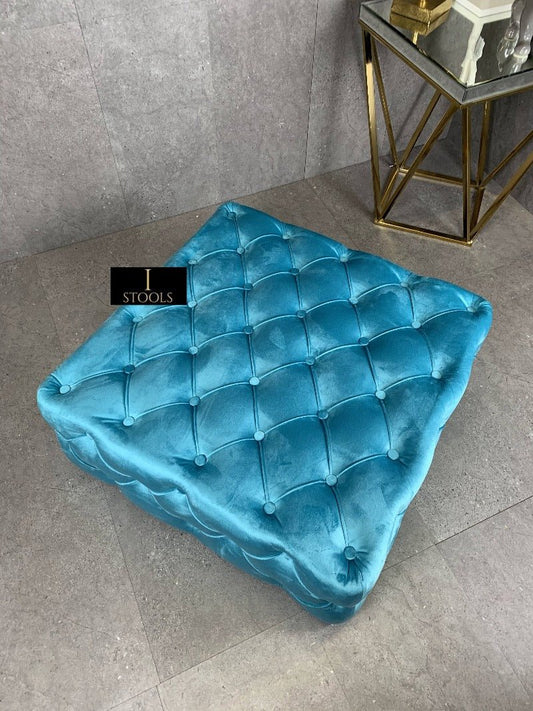 Aqua Blue Square Coffee Table | Blue Chesterfield Ottoman Foot Stools - ISTOOLS