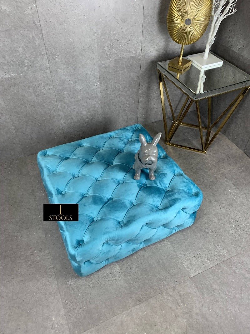 Aqua Blue Square Coffee Table | Blue Chesterfield Ottoman Foot Stools - ISTOOLS