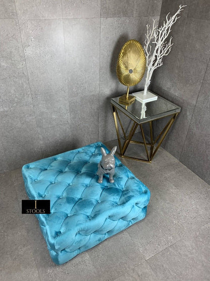 Aqua Blue Square Coffee Table | Blue Chesterfield Ottoman Foot Stools - ISTOOLS