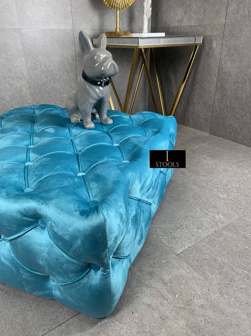 Aqua Blue Square Coffee Table | Blue Chesterfield Ottoman Foot Stools - ISTOOLS