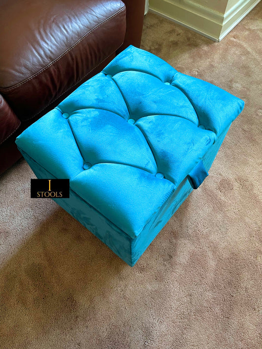 Aqua Small coffee table or side table Storage Box | Small Square Ottoman Storage | chesterfield top lid - ISTOOLS