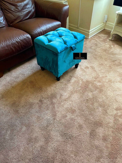Aqua Small coffee table or side table Storage Box | Small Square Ottoman Storage | chesterfield top lid - ISTOOLS