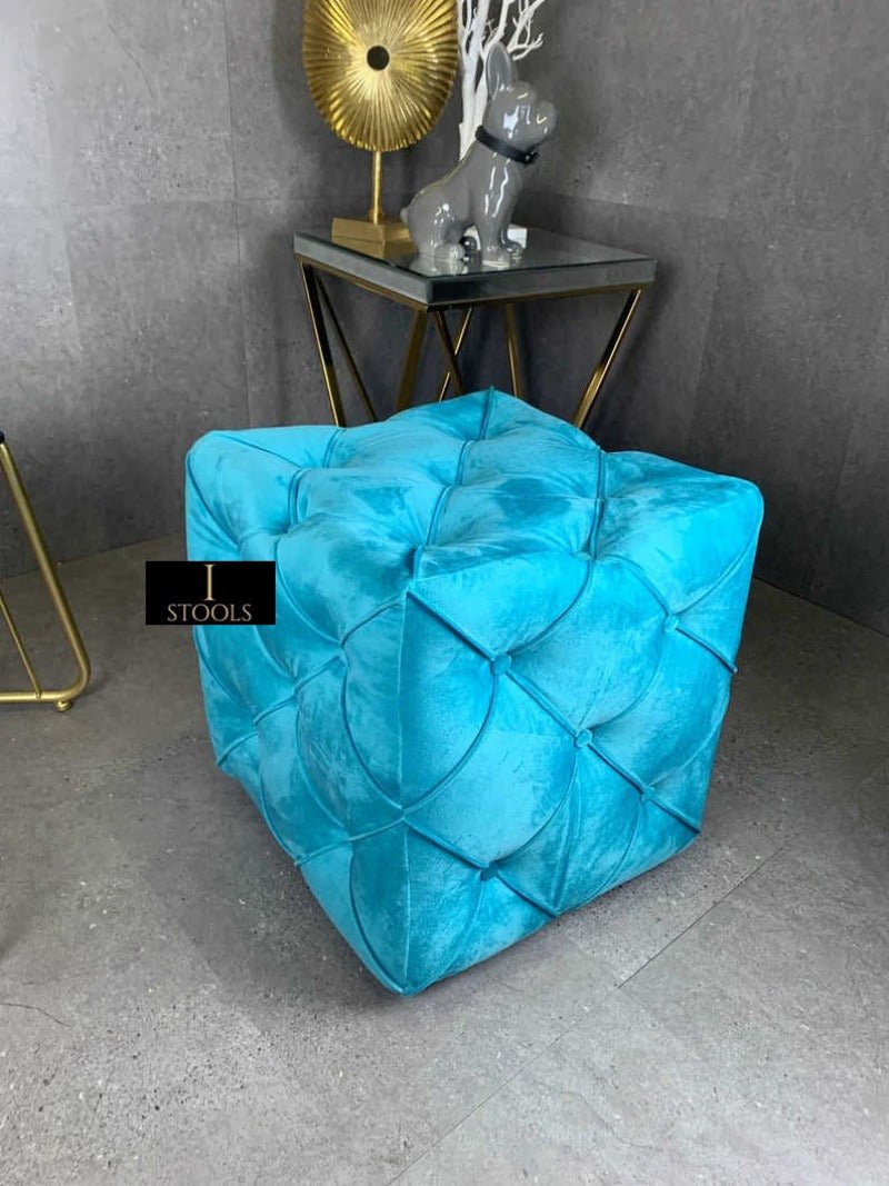 Aqua Square Ottoman Cube | Square Cube Ottoman UK | Deep Buttoned Fabric Coffee Table - ISTOOLS