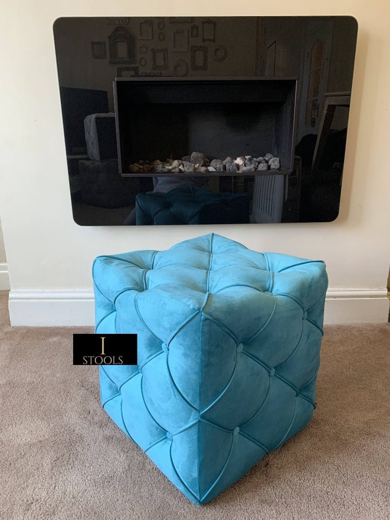 Aqua Square Ottoman Cube | Square Cube Ottoman UK | Deep Buttoned Fabric Coffee Table - ISTOOLS