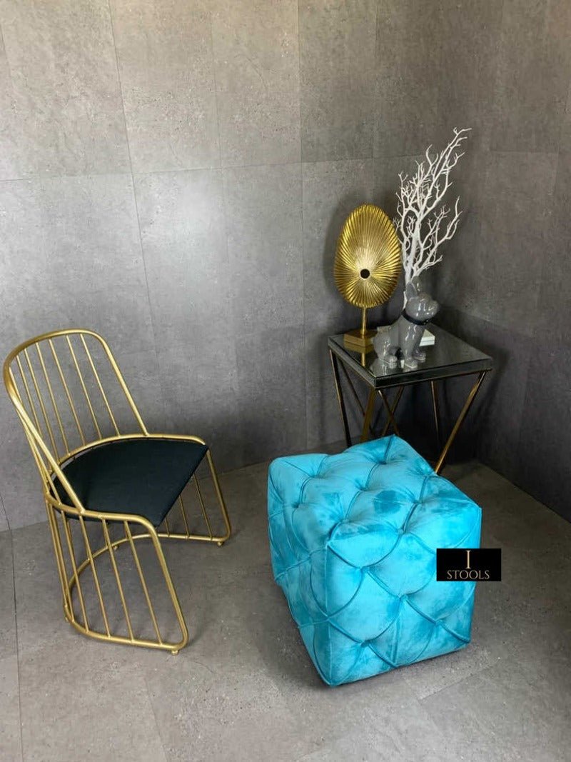 Aqua Square Ottoman Cube | Square Cube Ottoman UK | Deep Buttoned Fabric Coffee Table - ISTOOLS