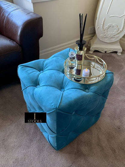 Aqua Square Ottoman Cube | Square Cube Ottoman UK | Deep Buttoned Fabric Coffee Table - ISTOOLS