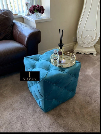 Aqua Square Ottoman Cube | Square Cube Ottoman UK | Deep Buttoned Fabric Coffee Table - ISTOOLS