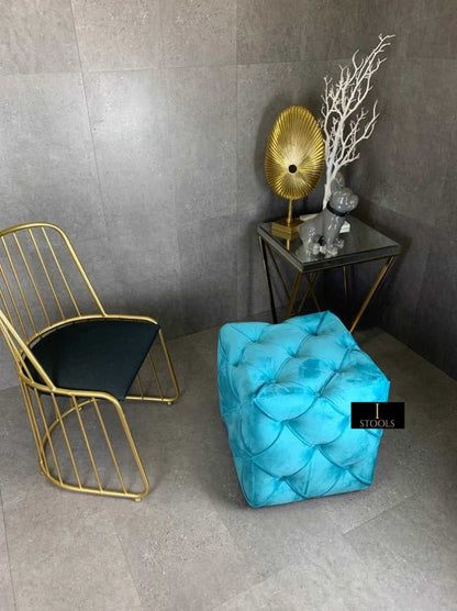 Aqua Square Ottoman Cube | Square Cube Ottoman UK | Deep Buttoned Fabric Coffee Table - ISTOOLS