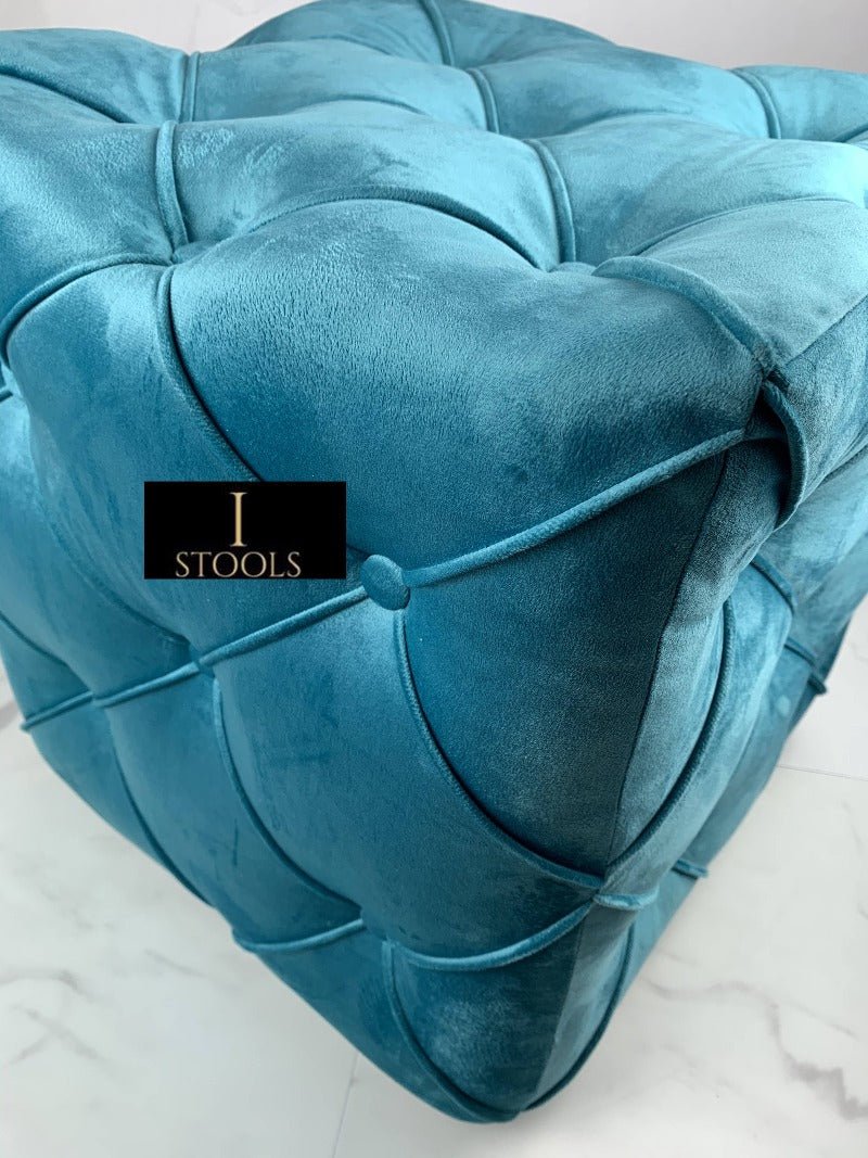 Aqua Square Ottoman Cube | Square Cube Ottoman UK | Deep Buttoned Fabric Coffee Table - ISTOOLS