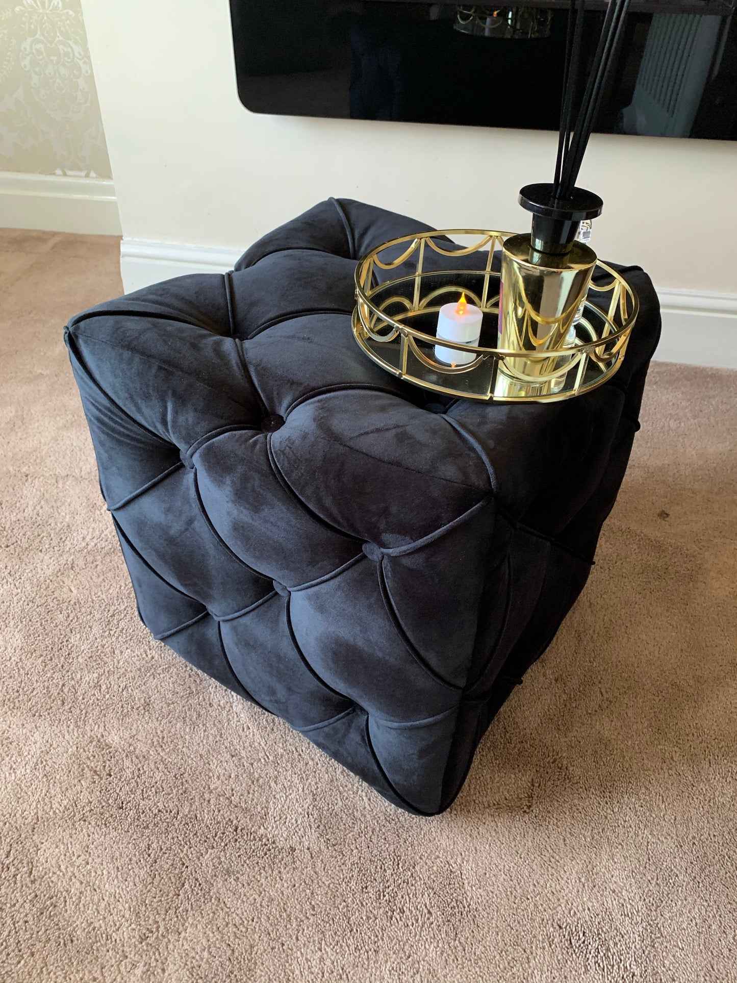 Black square cube deep buttoned coffee table side table seat - ISTOOLS