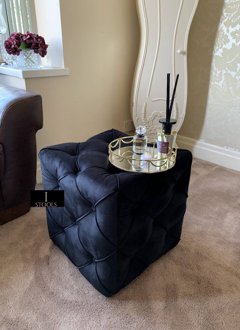 Black square cube deep buttoned coffee table side table seat - ISTOOLS