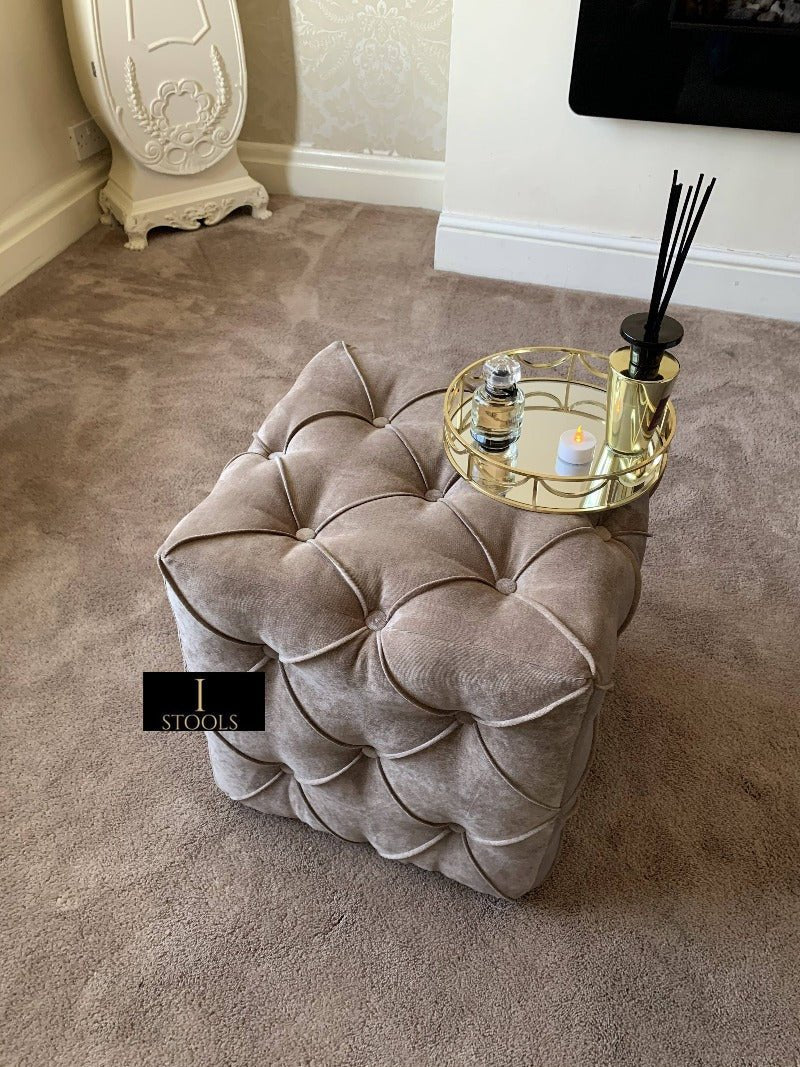 Brown square cube deep buttoned coffee table - ISTOOLS