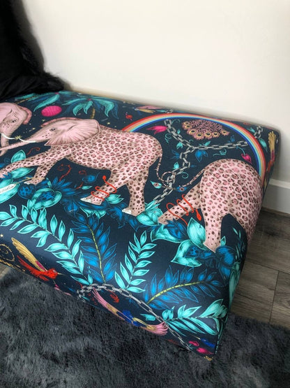 Contact us | Elephant fabric blue footstool with storage made to measure available - ISTOOLS