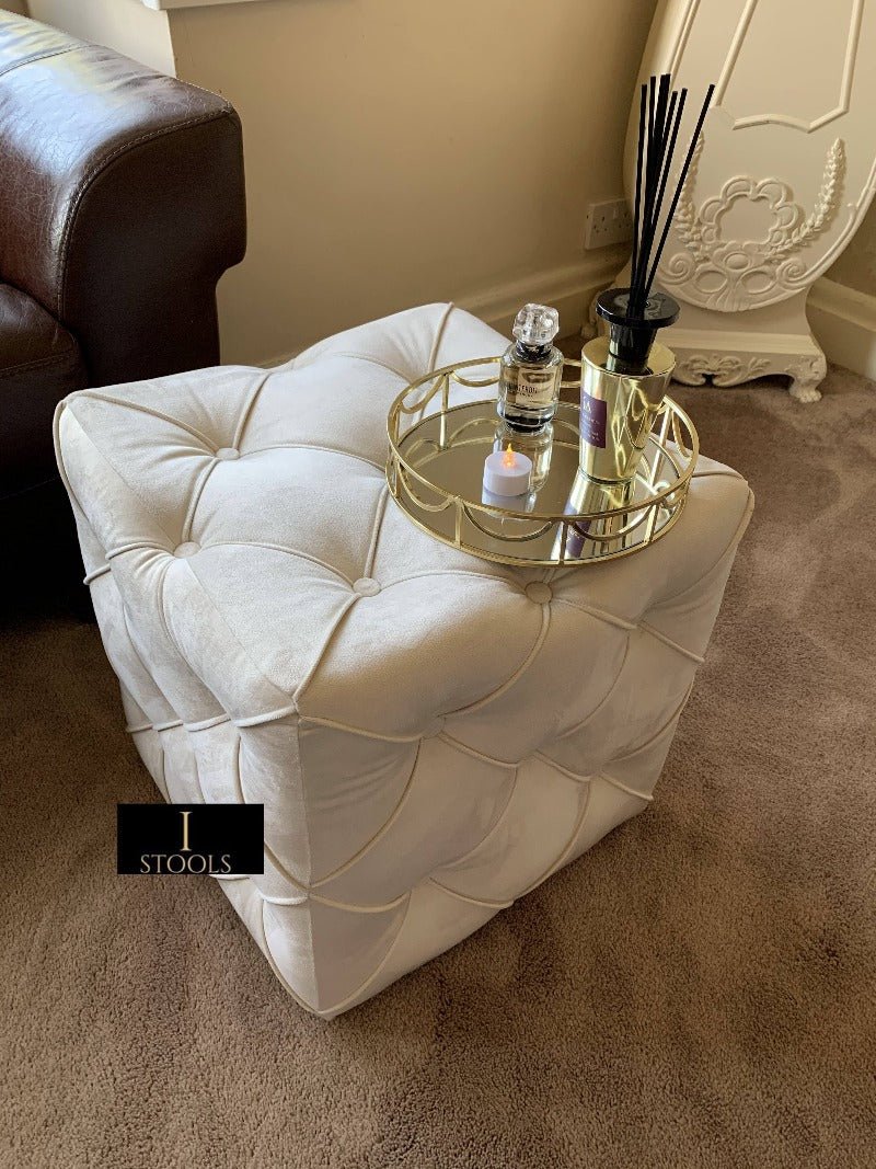 Creamy White square cube deep buttoned coffee table - ISTOOLS