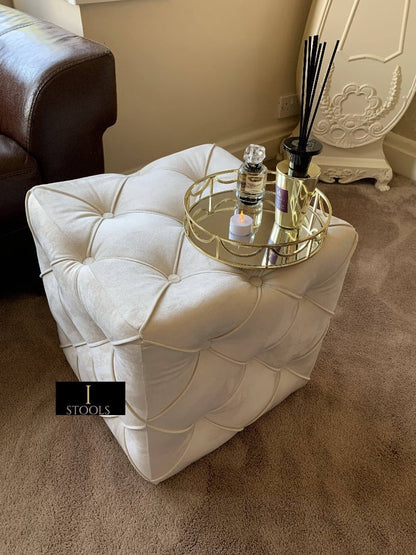 Creamy White square cube deep buttoned coffee table - ISTOOLS