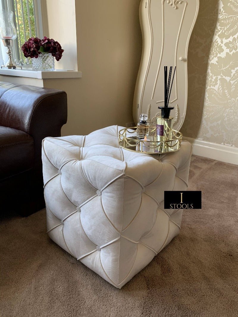 Creamy White square cube deep buttoned coffee table - ISTOOLS