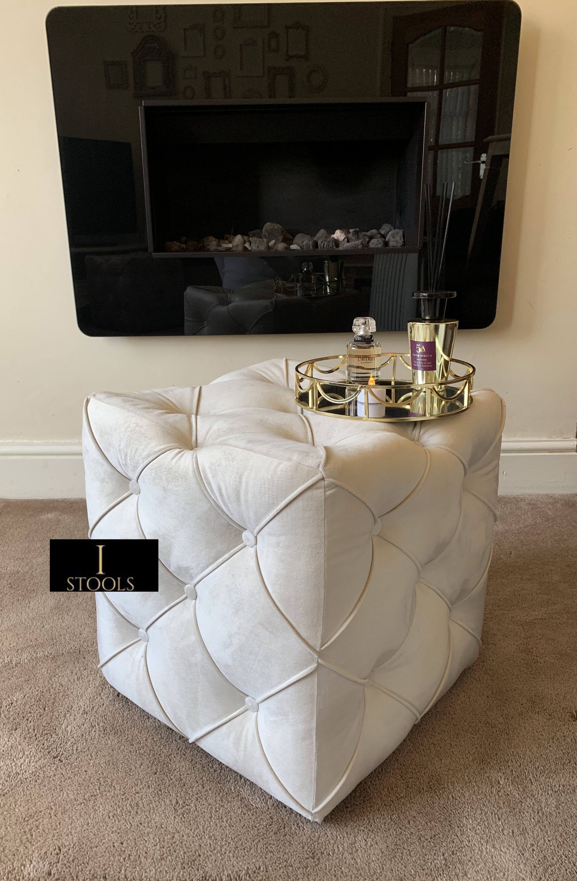 Creamy White square cube deep buttoned coffee table - ISTOOLS