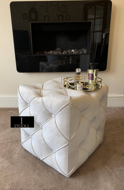 Creamy White square cube deep buttoned coffee table - ISTOOLS