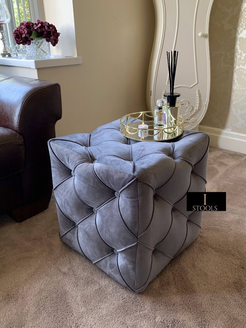 Dark Grey Square Cube Deep Buttoned Fabric Coffee Table - ISTOOLS
