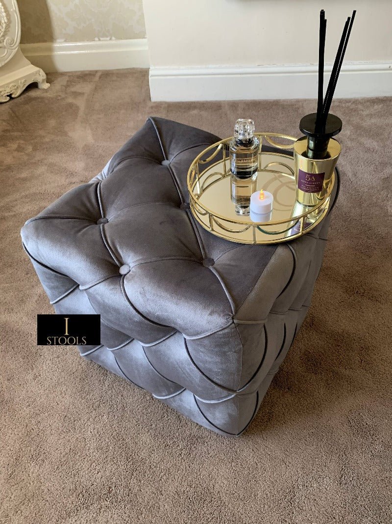 Dark Grey Square Cube Deep Buttoned Fabric Coffee Table - ISTOOLS