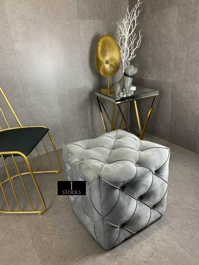 Dark Grey Square Cube Deep Buttoned Fabric Coffee Table - ISTOOLS