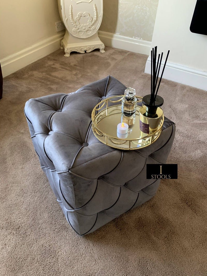 Dark Grey Square Cube Deep Buttoned Fabric Coffee Table - ISTOOLS