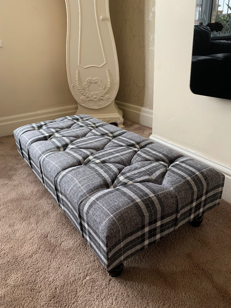 Grey & Black Tartan Upholstered Footstool | Tartan Chesterfield Ottoman footstool - ISTOOLS