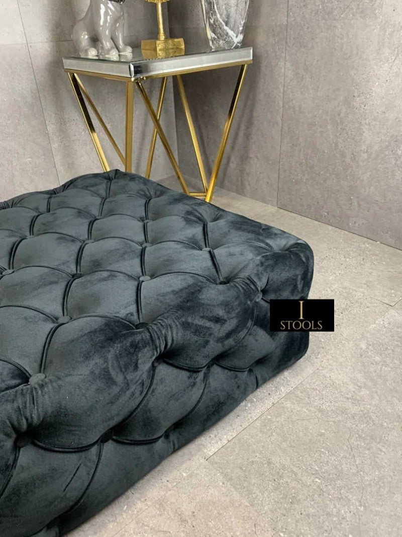 Large Black Square Coffee Table | Black Velvet Chesterfield Pouffe & Coffee Table - ISTOOLS