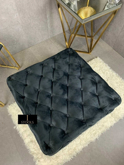 Large Black Square Coffee Table | Black Velvet Chesterfield Pouffe & Coffee Table - ISTOOLS