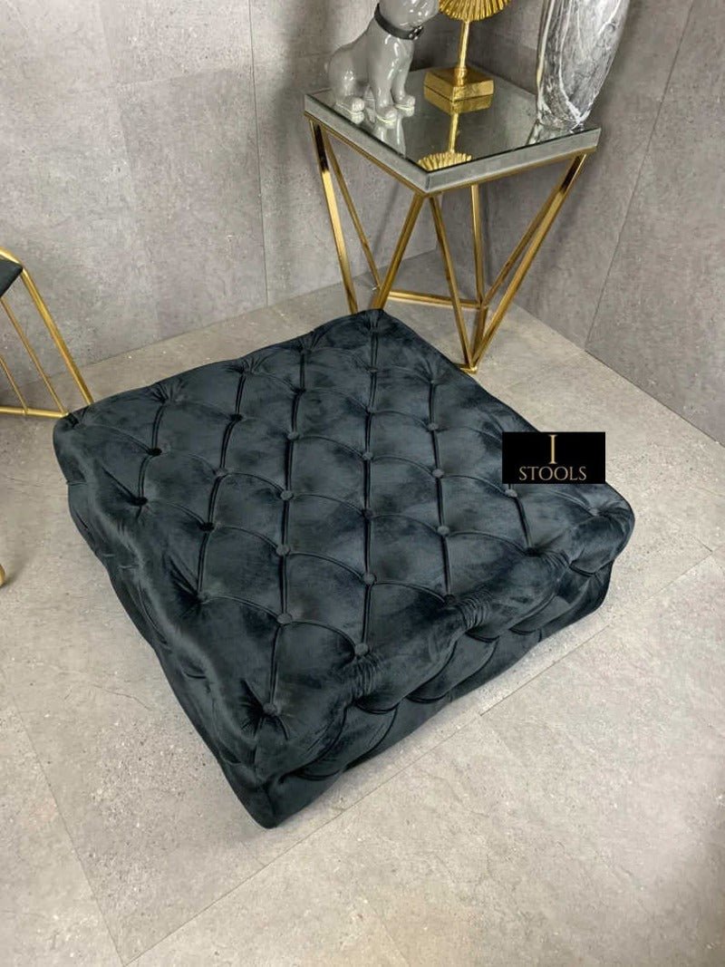 Large Black Square Coffee Table | Black Velvet Chesterfield Pouffe & Coffee Table - ISTOOLS