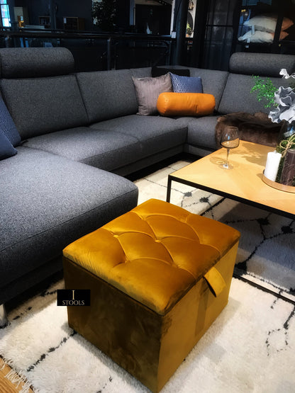 Mustard Gold Small Storage Box | Small Gold Footrest UK | Gold Ottoman Stool with Storage - ISTOOLS