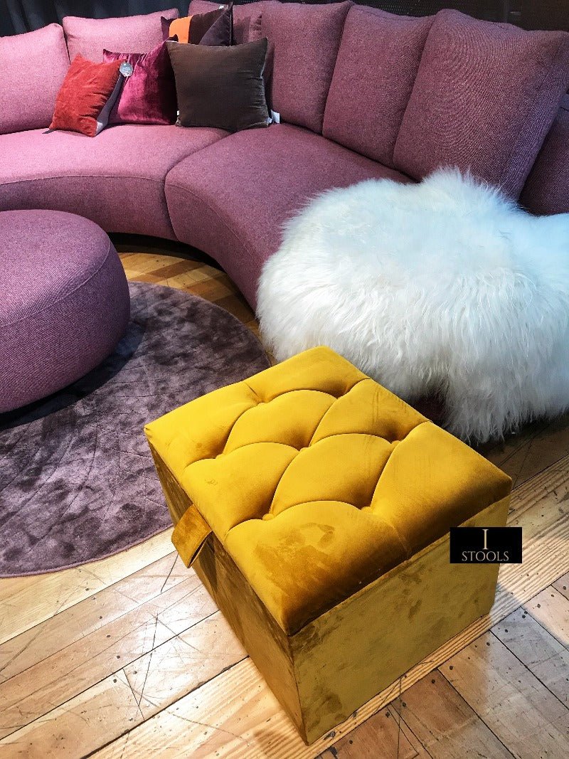 Mustard Gold Small Storage Box | Small Gold Footrest UK | Gold Ottoman Stool with Storage - ISTOOLS