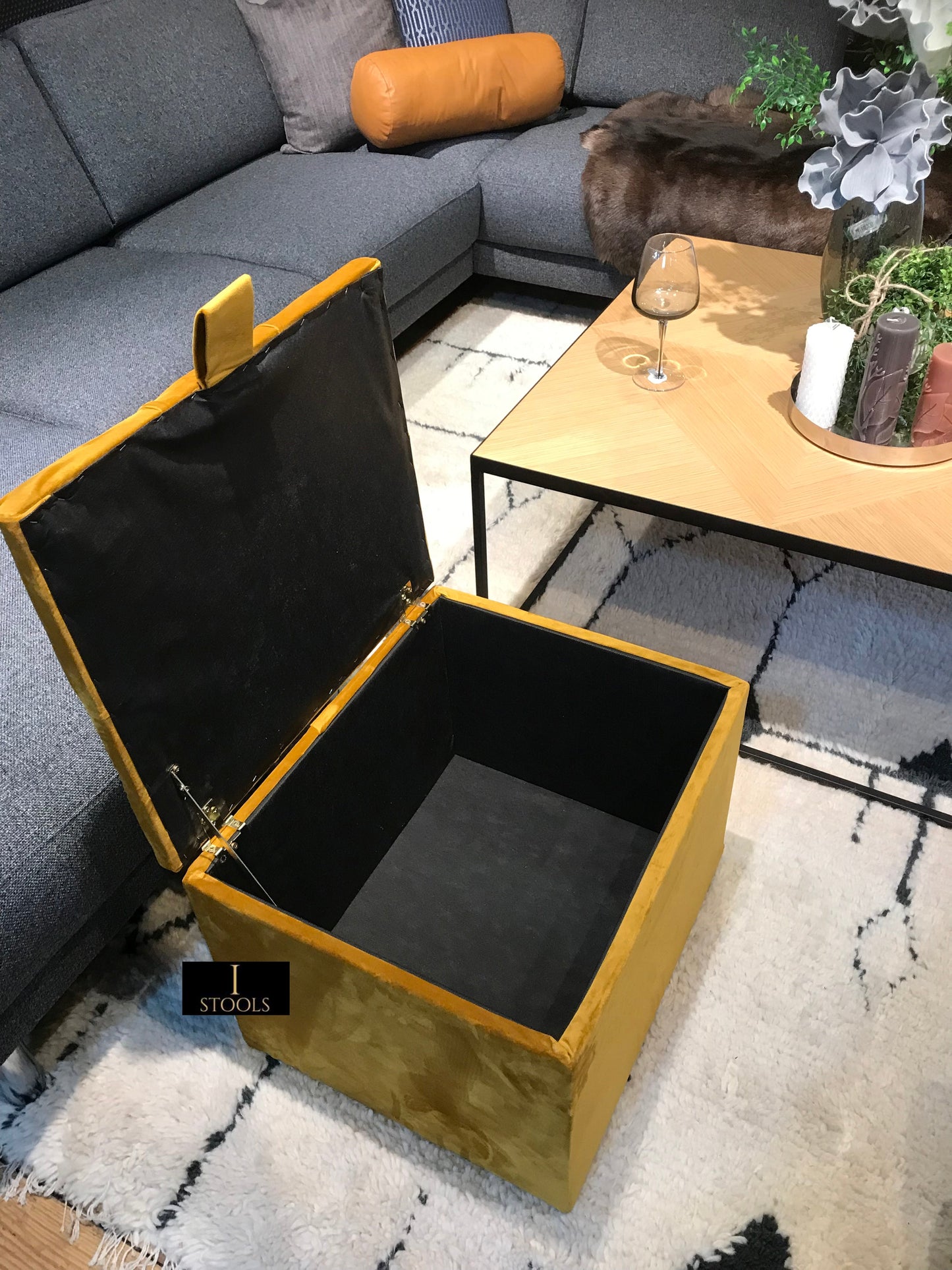 Mustard Gold Small Storage Box | Small Gold Footrest UK | Gold Ottoman Stool with Storage - ISTOOLS