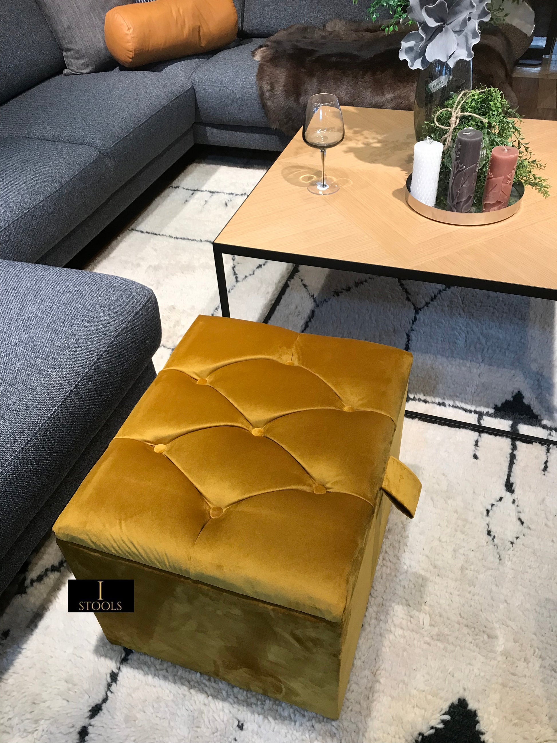 Mustard Gold Small Storage Box | Small Gold Footrest UK | Gold Ottoman Stool with Storage - ISTOOLS
