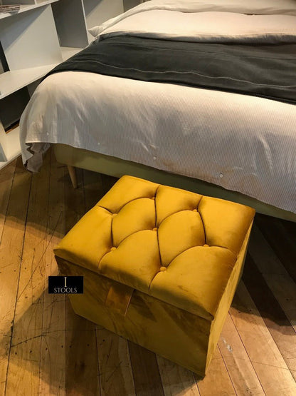 Mustard Gold Small Storage Box | Small Gold Footrest UK | Gold Ottoman Stool with Storage - ISTOOLS