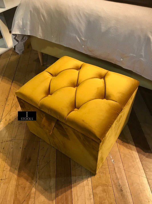 Mustard Gold Small Storage Box | Small Gold Footrest UK | Gold Ottoman Stool with Storage - ISTOOLS