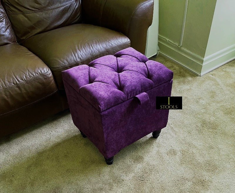 Purple Aubergine Small Storage Box | Purple Footstool with Storage UK | Purple Velvet Stool - ISTOOLS