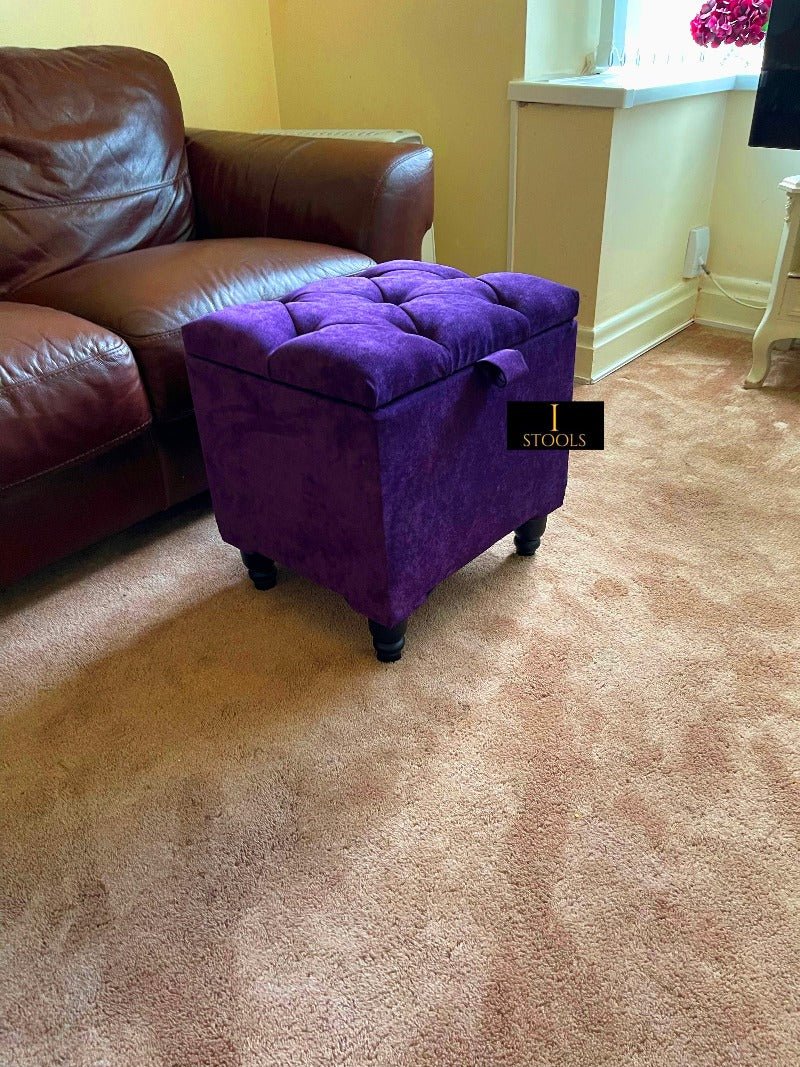 Purple Aubergine Small Storage Box | Purple Footstool with Storage UK | Purple Velvet Stool - ISTOOLS