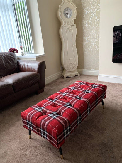 Red & Black Tartan Upholstered Footstool | Red Tartan Footstool Pouffe - ISTOOLS